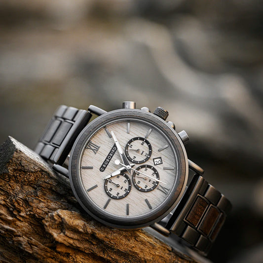 Premium Wood and Stainless Steel Chronograph Watch - Hybrid Design