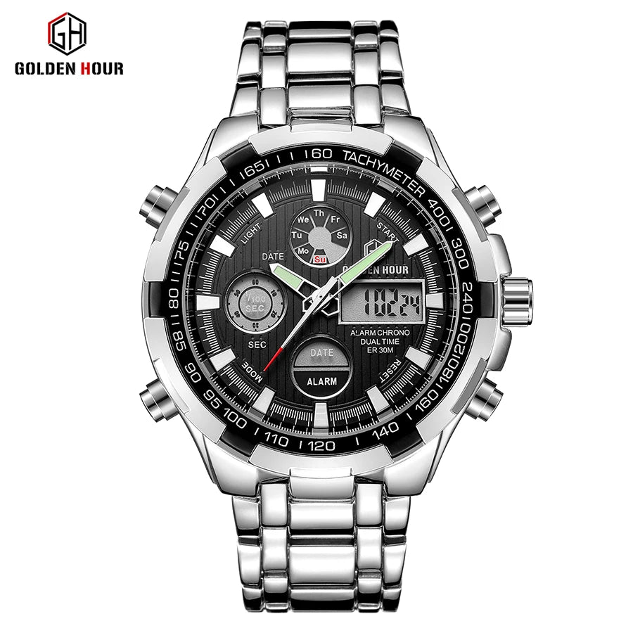 Exclusive Silver Steel 2-in-1 Watch - Luxury Dual Display Timepiece