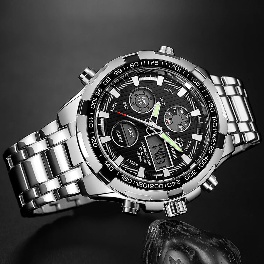 Exclusive Silver Steel 2-in-1 Watch - Luxury Dual Display Timepiece