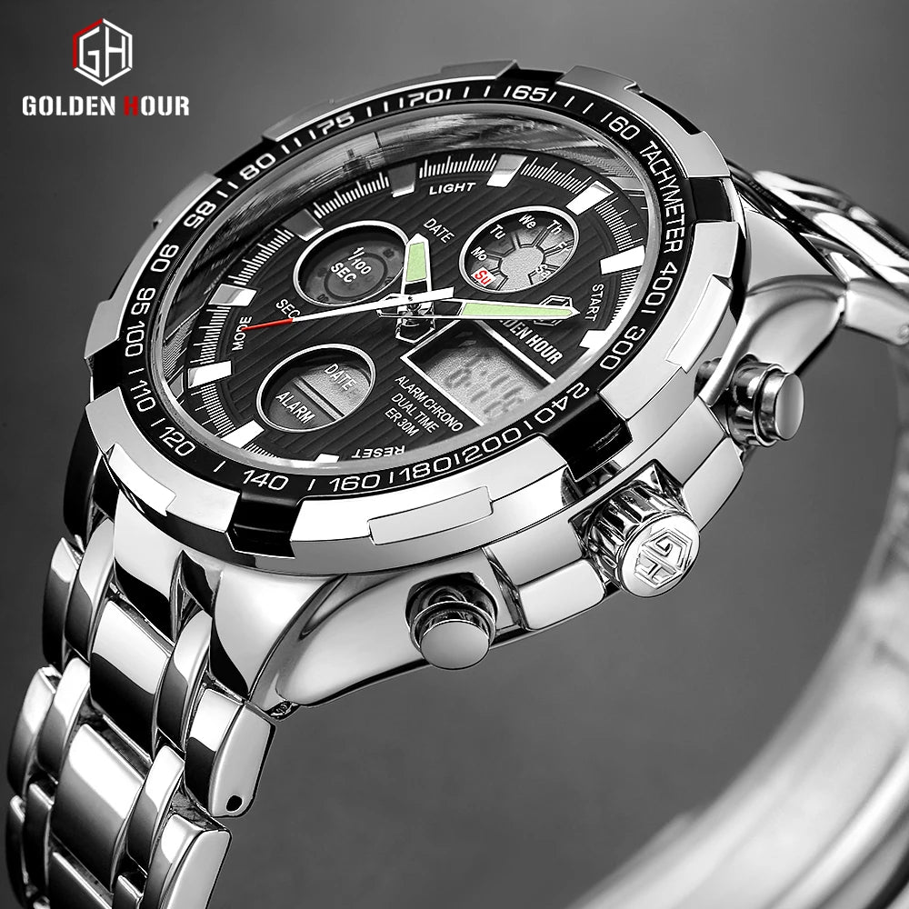 Exclusive Silver Steel 2-in-1 Watch - Luxury Dual Display Timepiece