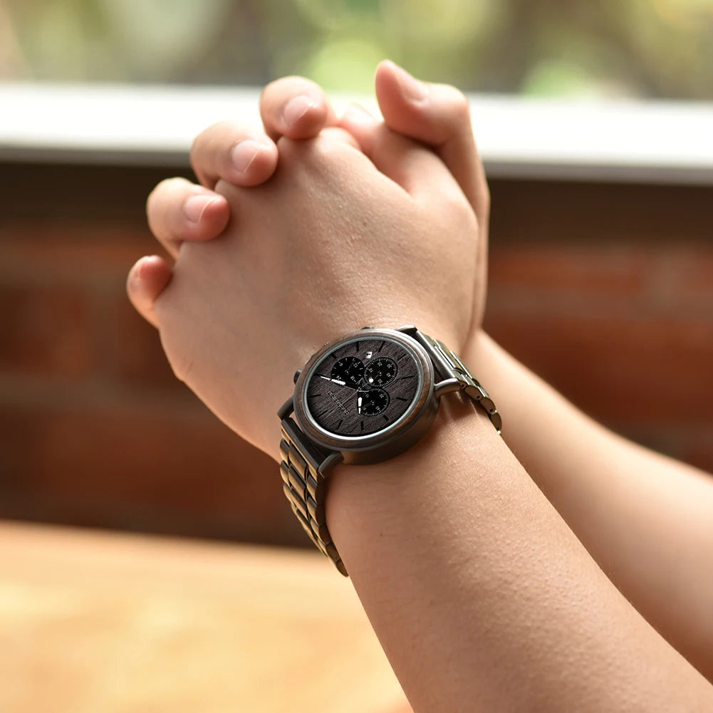 Premium Wood and Stainless Steel Chronograph Watch - Hybrid Design