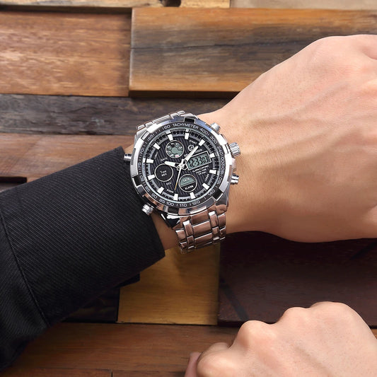 Exclusive Silver Steel 2-in-1 Watch - Luxury Dual Display Timepiece