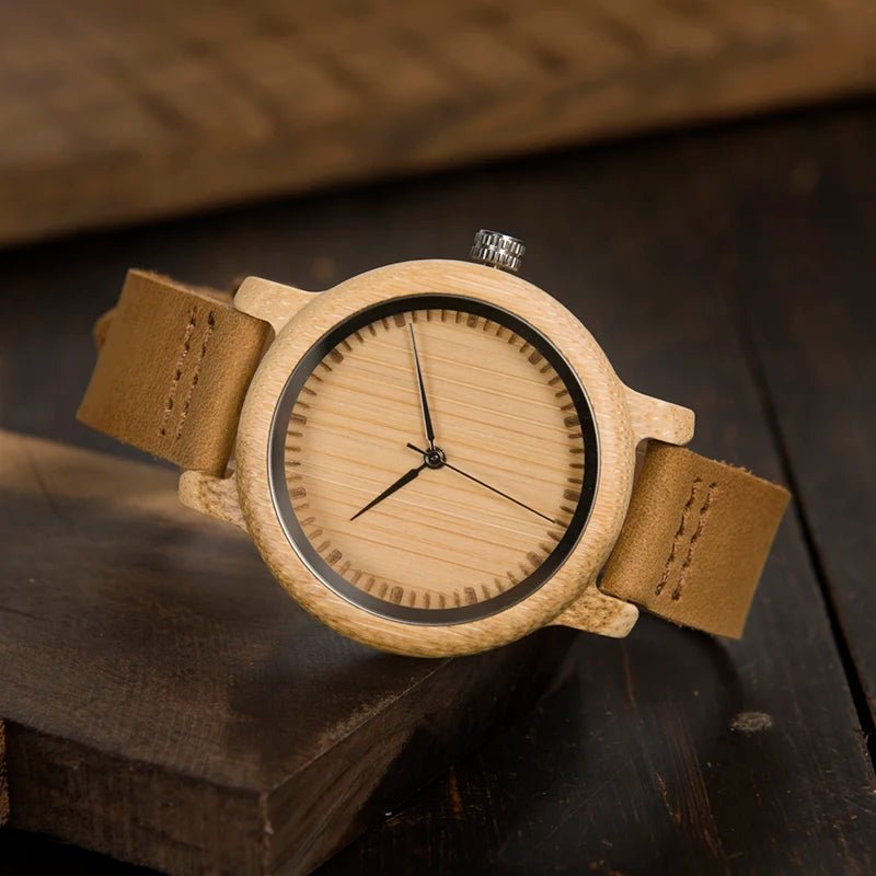 Lovers' Watch - Natural Bamboo Leather Strap Timepiece