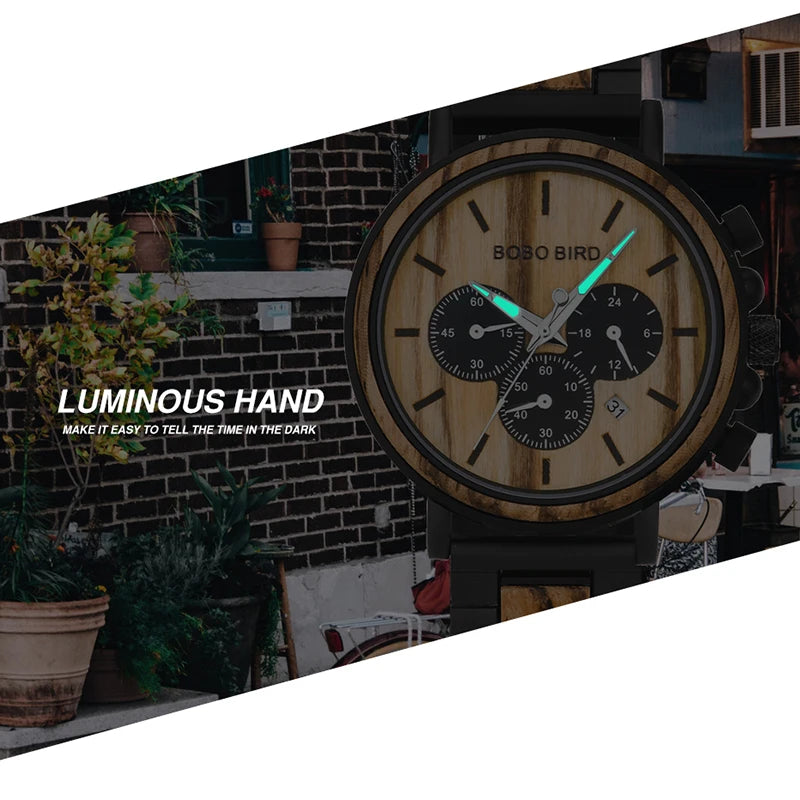 Luxury Military Chronograph Watch - Wood and Stainless Steel Design