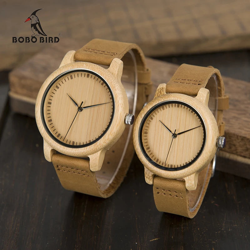 Lovers' Watch - Natural Bamboo Leather Strap Timepiece