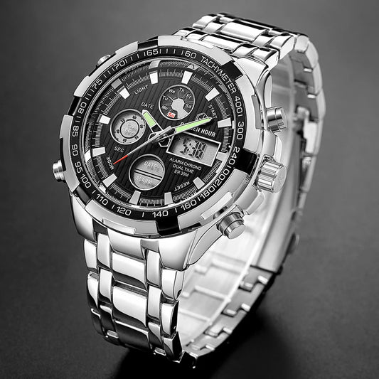 Exclusive Silver Steel 2-in-1 Watch - Luxury Dual Display Timepiece