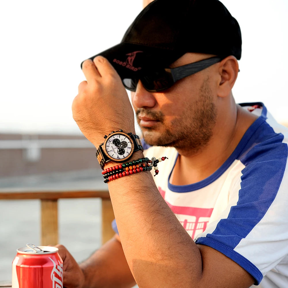 Premium Wood and Stainless Steel Chronograph Watch - Hybrid Design