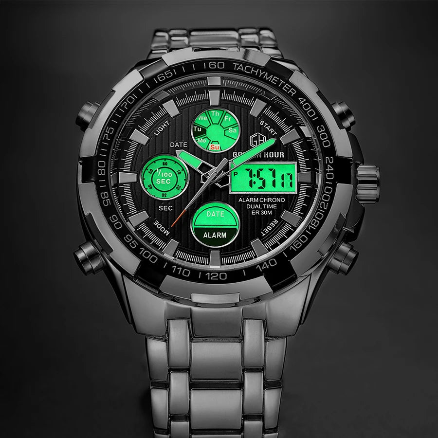 Exclusive Silver Steel 2-in-1 Watch - Luxury Dual Display Timepiece