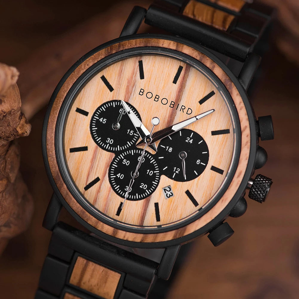 Premium Wood and Stainless Steel Chronograph Watch - Hybrid Design