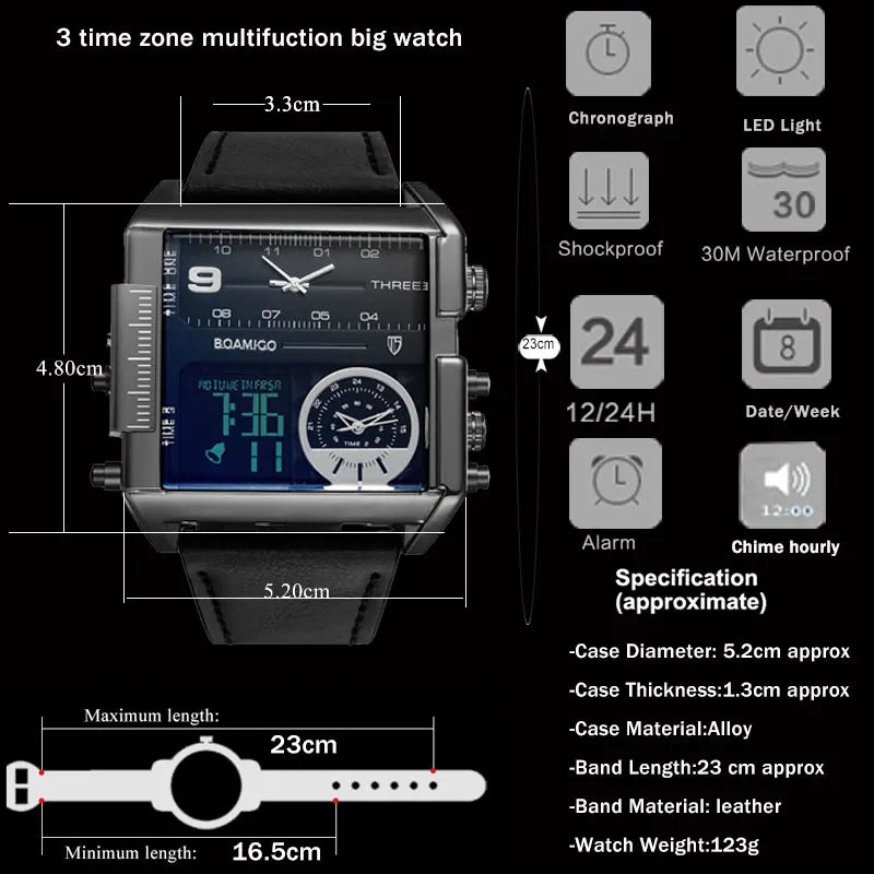 Premium 3 Time Zone Watch - Luxury Leather Strap Timepiece
