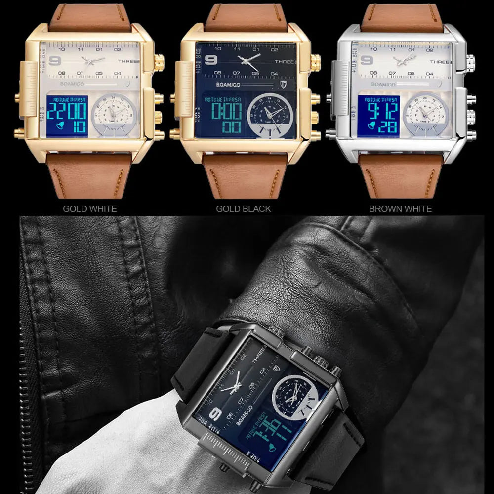 Premium 3 Time Zone Watch - Luxury Leather Strap Timepiece