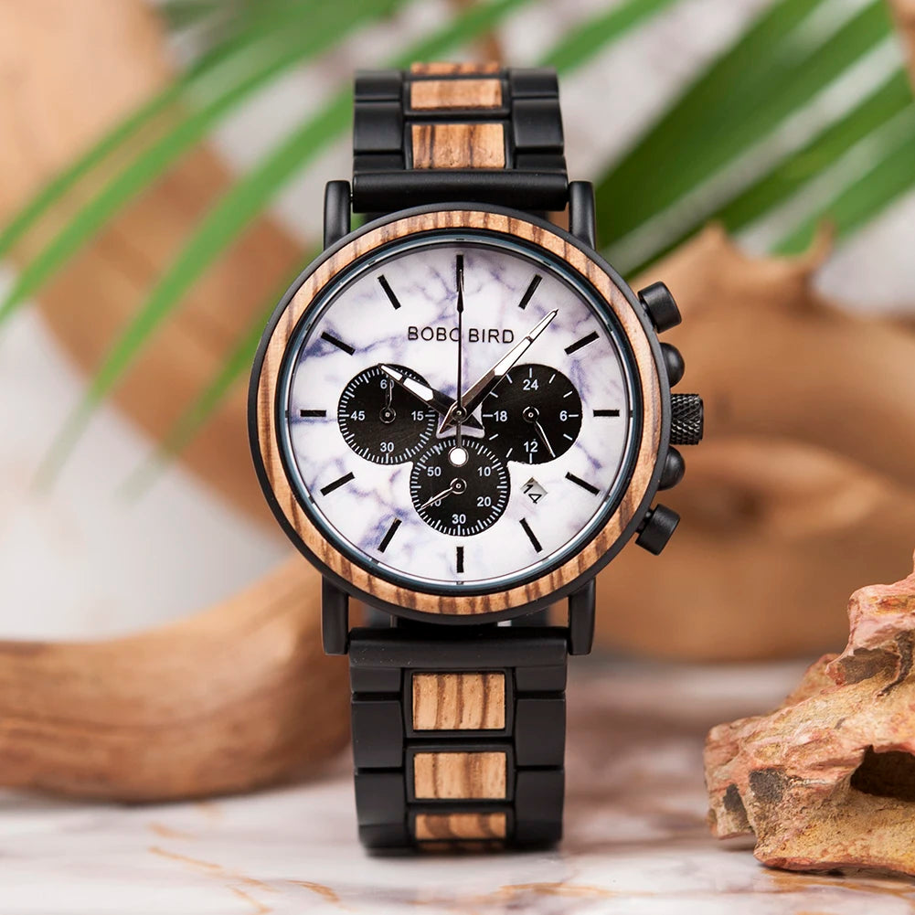 Premium Wood and Stainless Steel Chronograph Watch - Hybrid Design