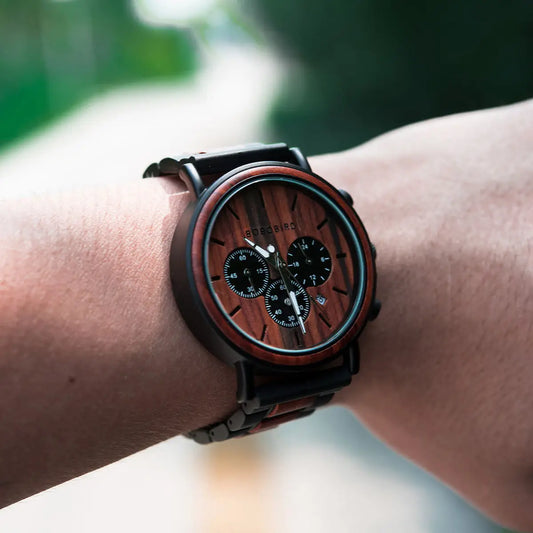 Luxury Military Chronograph Watch - Wood and Stainless Steel Design