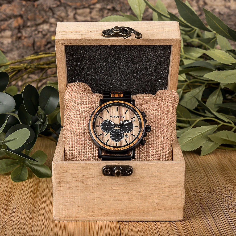 Premium Wood and Stainless Steel Chronograph Watch - Hybrid Design