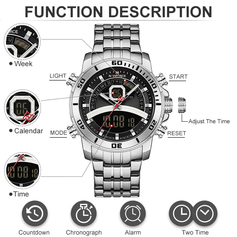 Premium Waterproof Casual Watch - Multifunctional Stainless Steel Timepiece