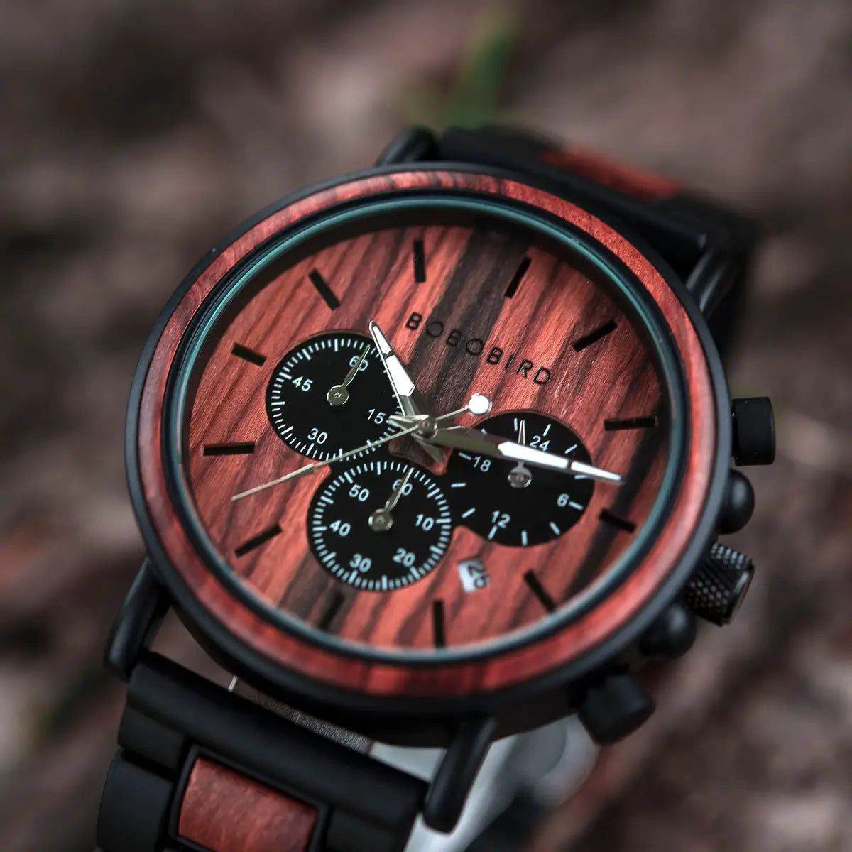 Luxury Military Chronograph Watch - Wood and Stainless Steel Design