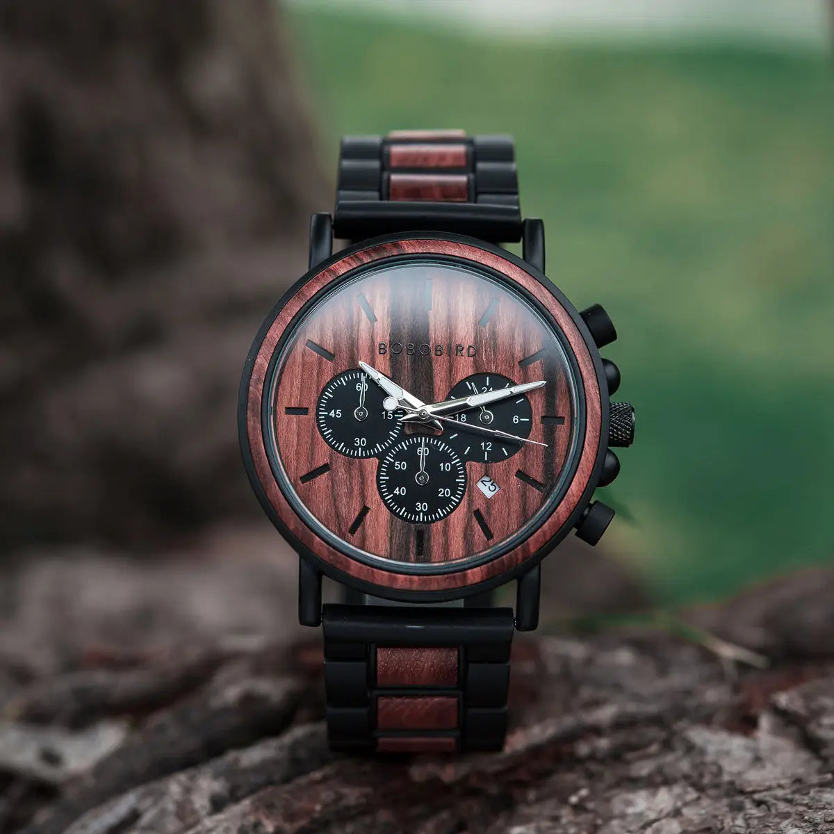 Luxury Military Chronograph Watch - Wood and Stainless Steel Design