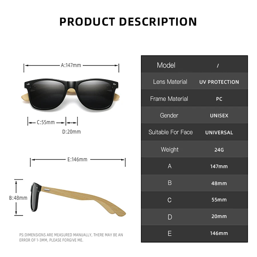 Sustainable Bamboo Wood Sunglasses - Eco-Friendly Square Design