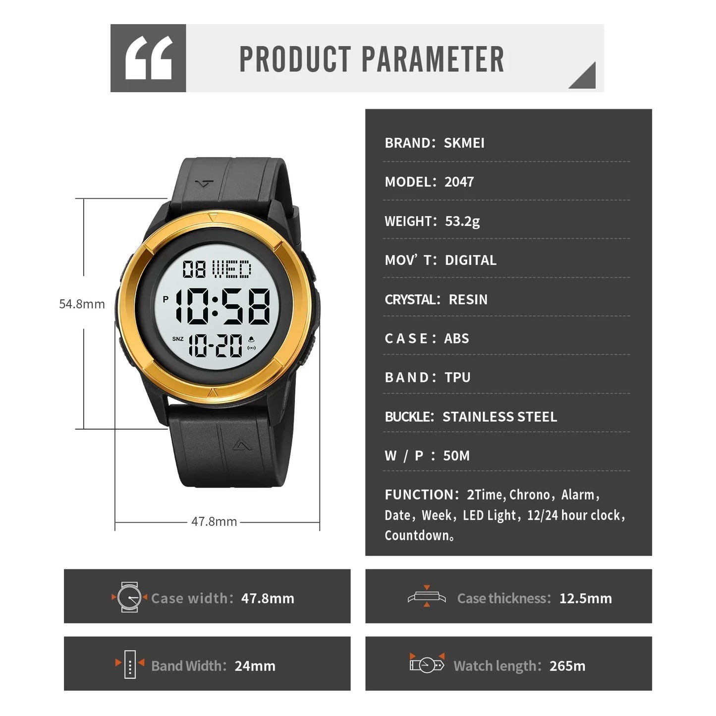 Professional Waterproof Digital Chronograph Watch - 5Bar Sports Watch